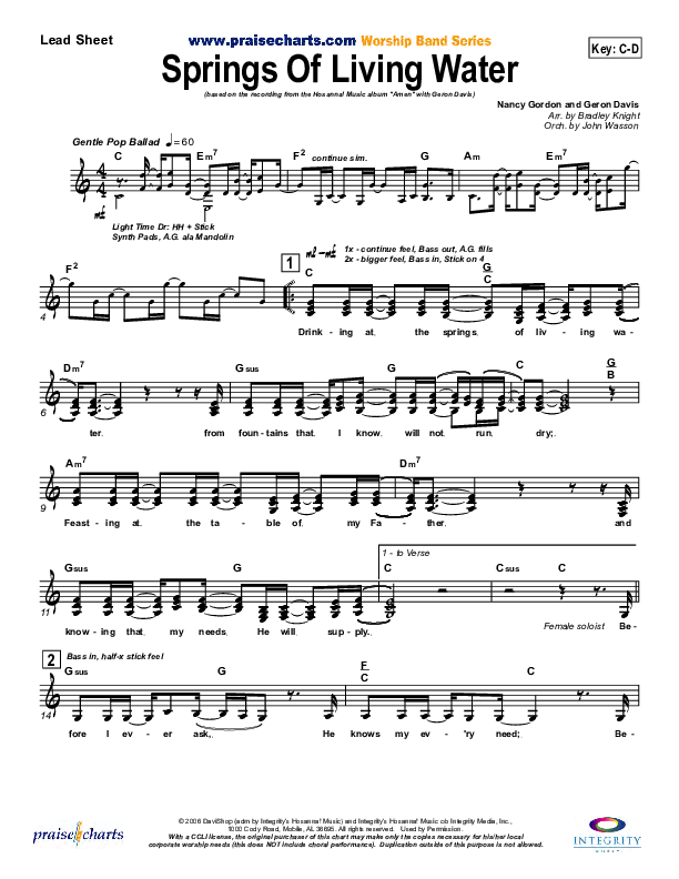 Springs Of Living Water Lead Sheet (Geron Davis)