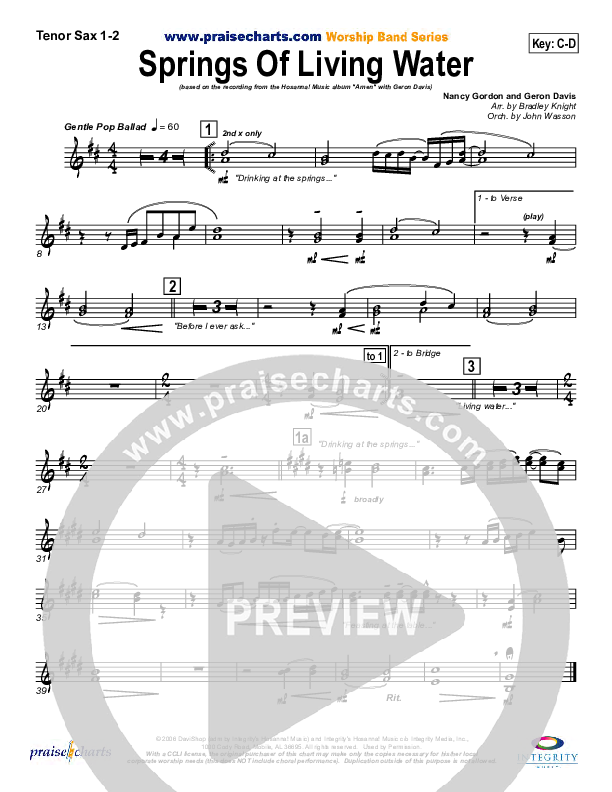 Springs Of Living Water Tenor Sax 1/2 (Geron Davis)