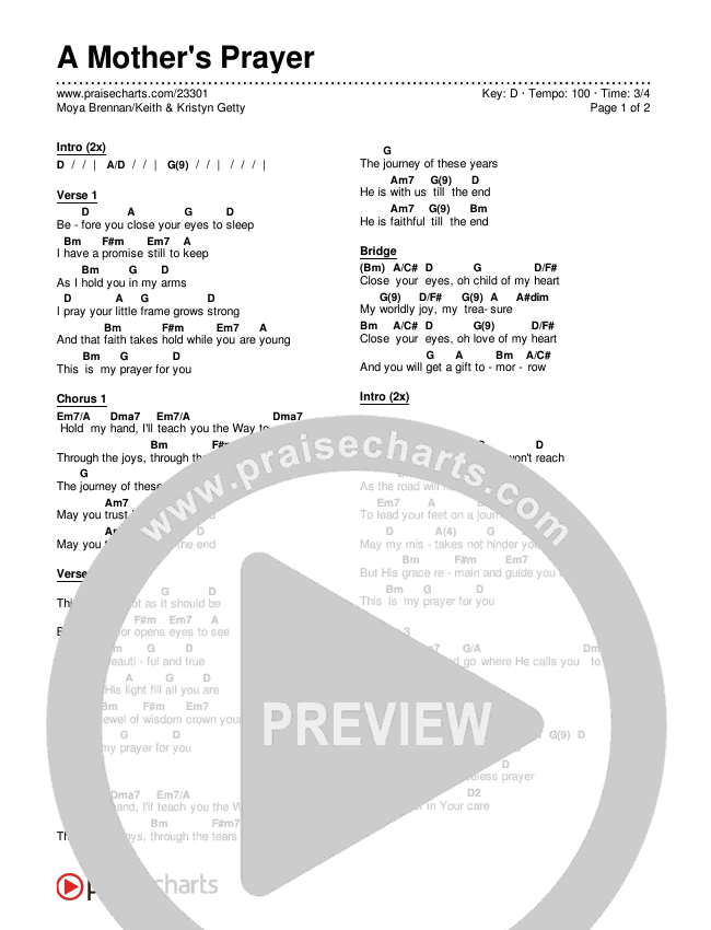 A Mother's Prayer Chords & Lyrics (Moya Brennan / Keith & Kristyn Getty)