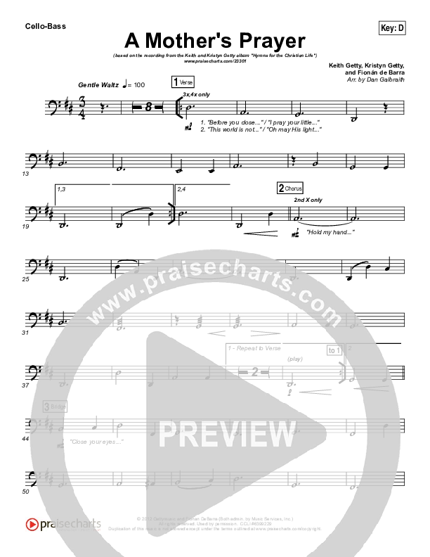 A Mother's Prayer Cello/Bass (Moya Brennan / Keith & Kristyn Getty)