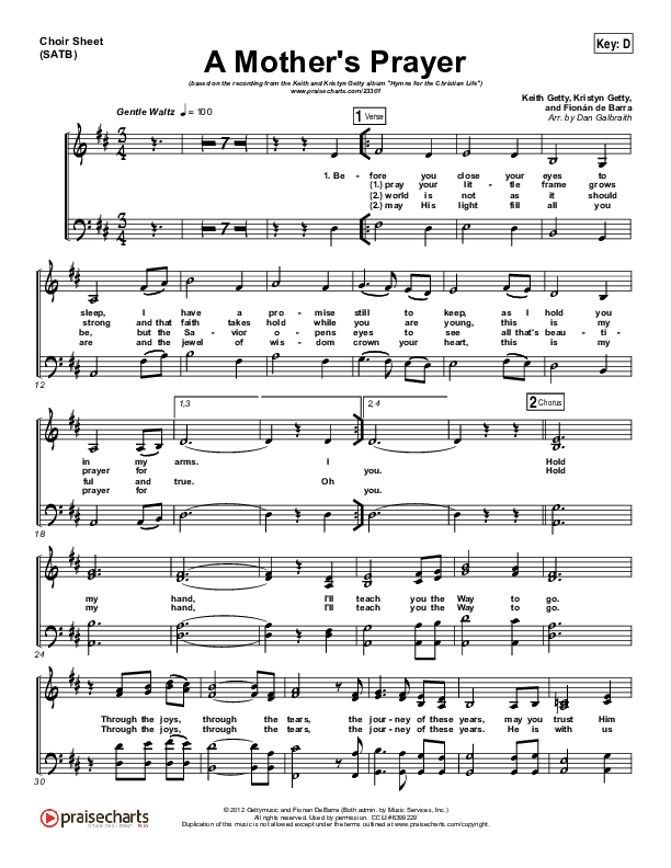 A Mother's Prayer Choir Sheet (SATB) (Moya Brennan / Keith & Kristyn Getty)