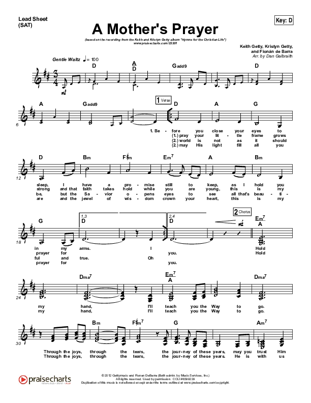 A Mother's Prayer Lead Sheet (SAT) (Moya Brennan / Keith & Kristyn Getty)