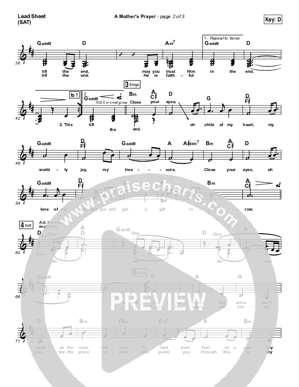 A Mother's Prayer Lead Sheet (SAT) (Moya Brennan / Keith & Kristyn Getty)