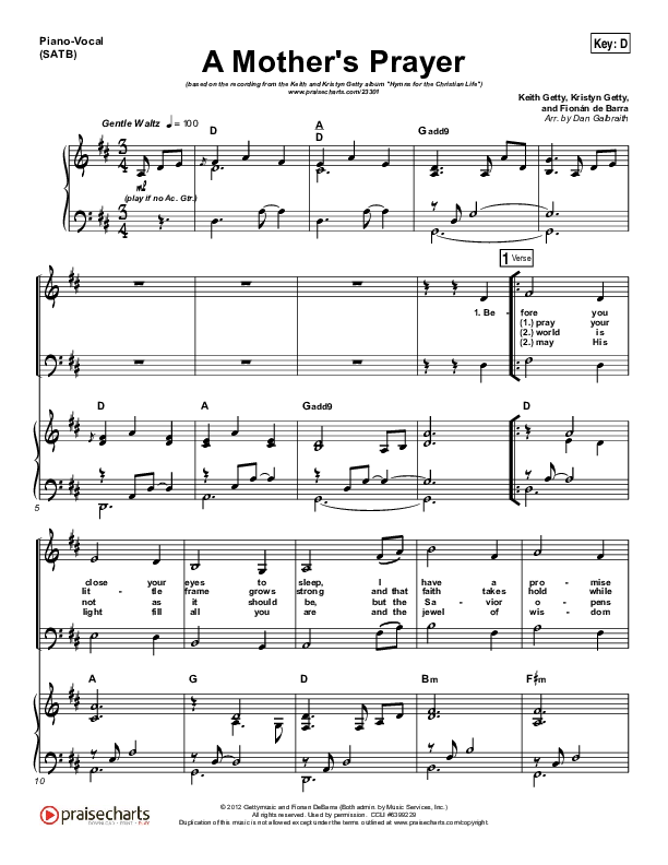 A Mother's Prayer Piano/Vocal (SATB) (Moya Brennan / Keith & Kristyn Getty)