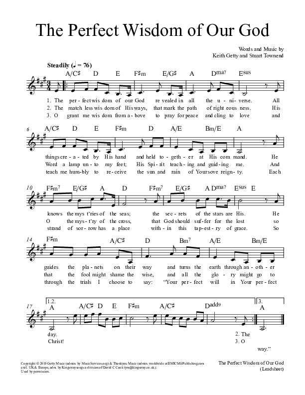 The Perfect Wisdom Of Our God Lead Sheet (Keith & Kristyn Getty)