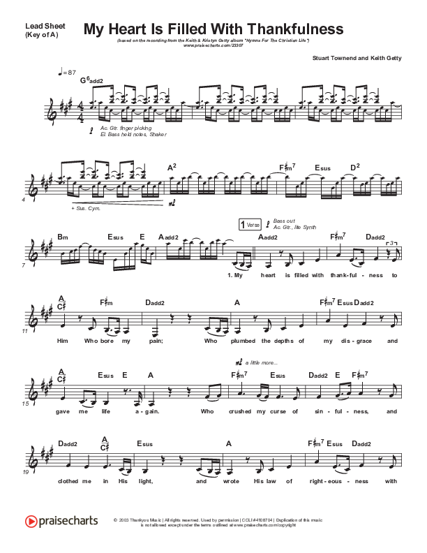 My Heart Is Filled With Thankfulness Lead Sheet (Melody) (Keith & Kristyn Getty)