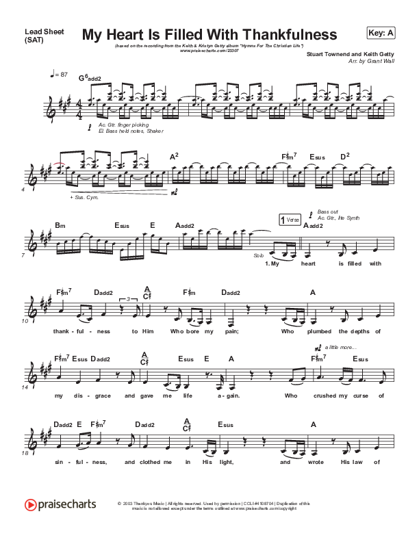 My Heart Is Filled With Thankfulness Lead Sheet (SAT) (Keith & Kristyn Getty)