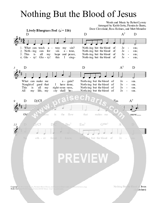 Nothing But The Blood Of Jesus Lead Sheet (SAT) (Keith & Kristyn Getty)