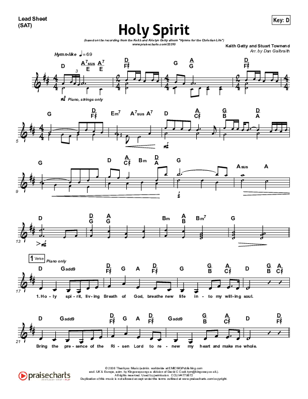 Holy Spirit Living Breath Of God Lead Sheet (SAT) (Keith & Kristyn Getty)
