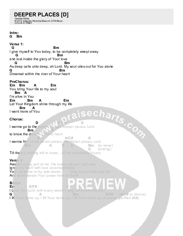 Deeper Places Chords & Lyrics (Christ For The Nations)