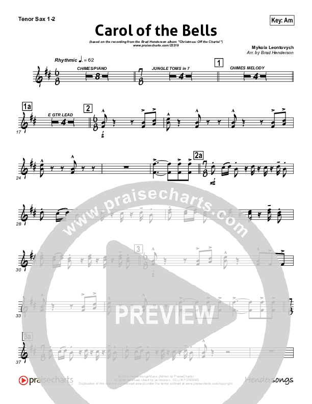 Carol Of The Bells (Instrumental) Tenor Sax 1/2 (Brad Henderson)