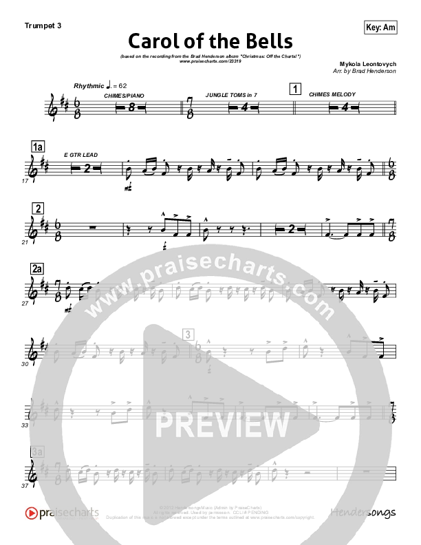 Carol Of The Bells (Instrumental) Trumpet 3 (Brad Henderson)