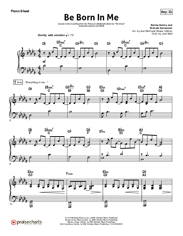 Be Born In Me Piano Sheet (Francesca Battistelli)