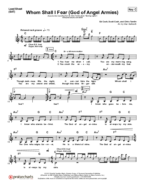 Whom Shall I Fear (God Of Angel Armies) Lead Sheet (SAT) (Chris Tomlin)
