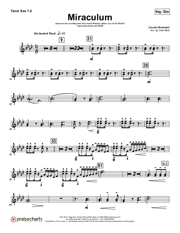 Miraculum (Instrumental) Tenor Sax 1/2 (Lincoln Brewster)