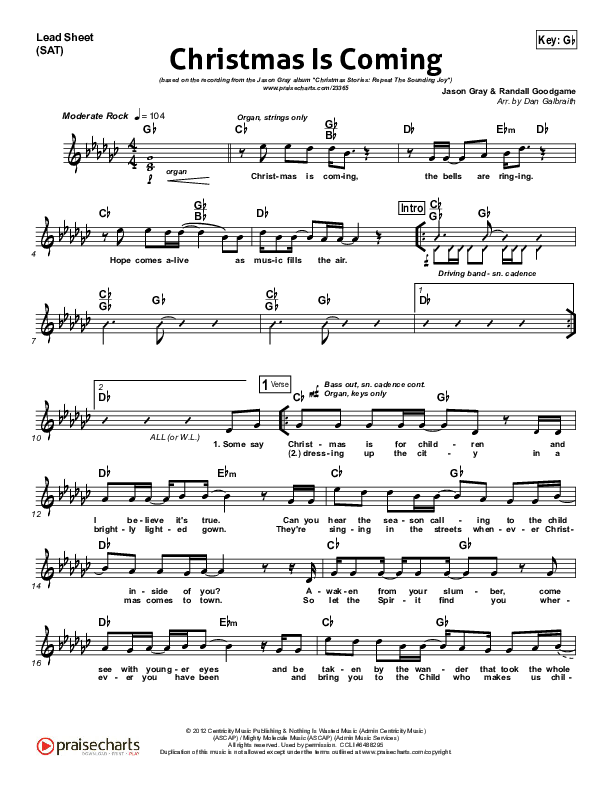 Christmas Is Coming Lead Sheet (SAT) (Jason Gray)