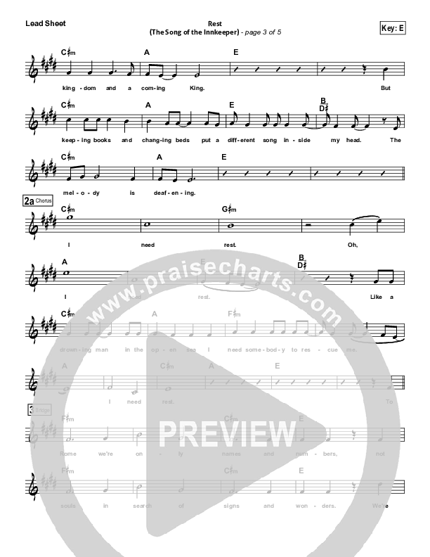 Rest (The Song Of The Innkeeper) Lead Sheet (Jason Gray)