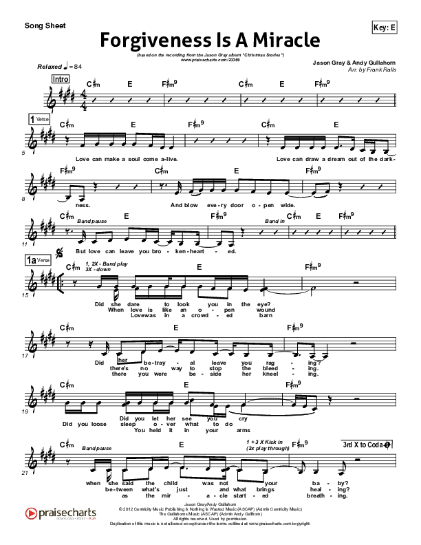 Forgiveness Is A Miracle (A Song For Joseph) Lead Sheet (Jason Gray)