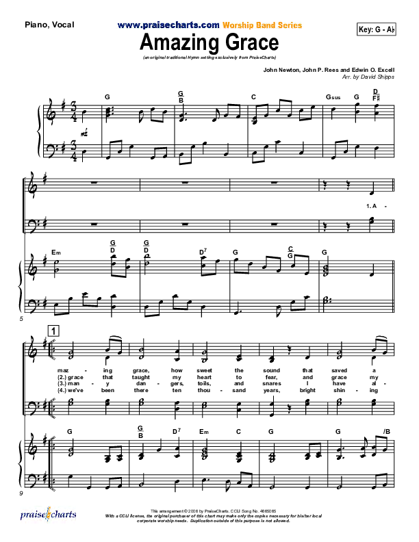 Amazing Grace Piano/Vocal (PraiseCharts / Traditional Hymn)