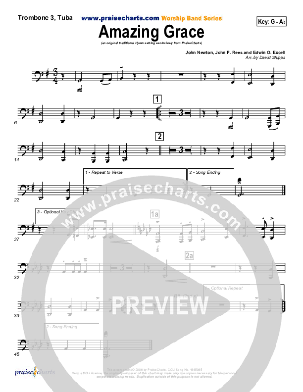 Amazing Grace Trombone 3/Tuba (PraiseCharts / Traditional Hymn)