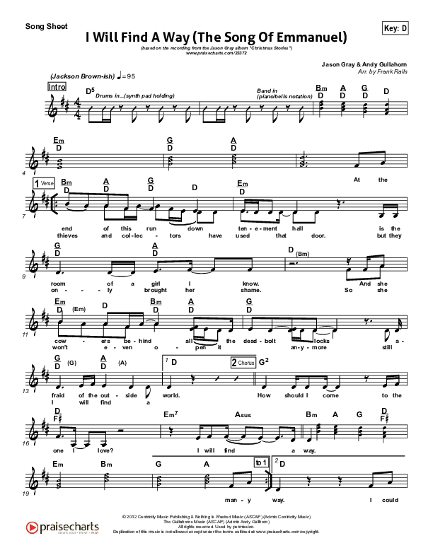 I Will Find A Way (The Song Of Emmanuel) Lead Sheet (Jason Gray)