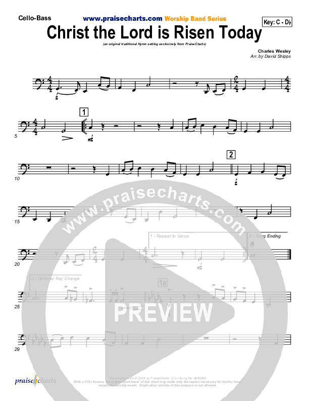 Christ The Lord Is Risen Today Cello/Bass (PraiseCharts / Traditional Hymn)