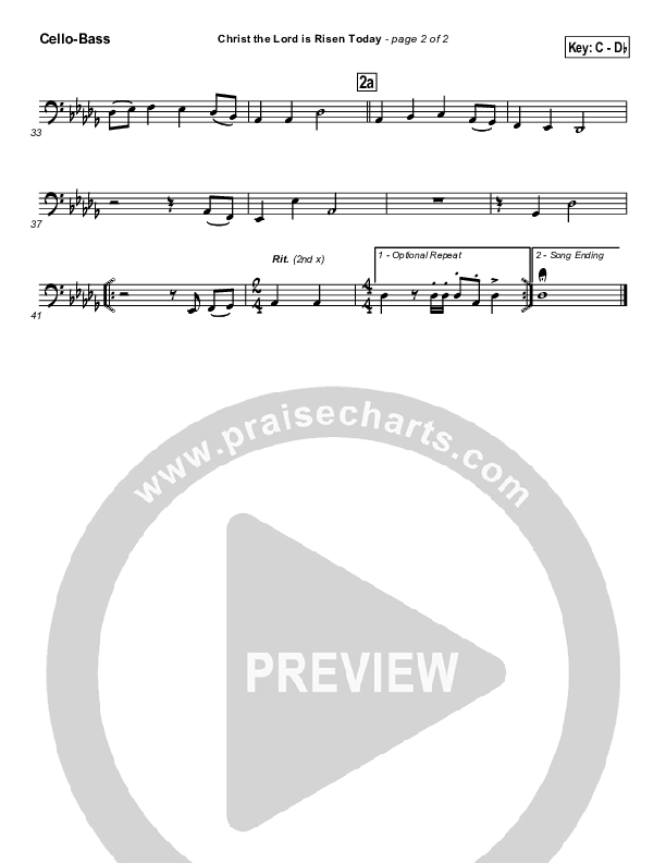 Christ The Lord Is Risen Today Cello/Bass (PraiseCharts / Traditional Hymn)