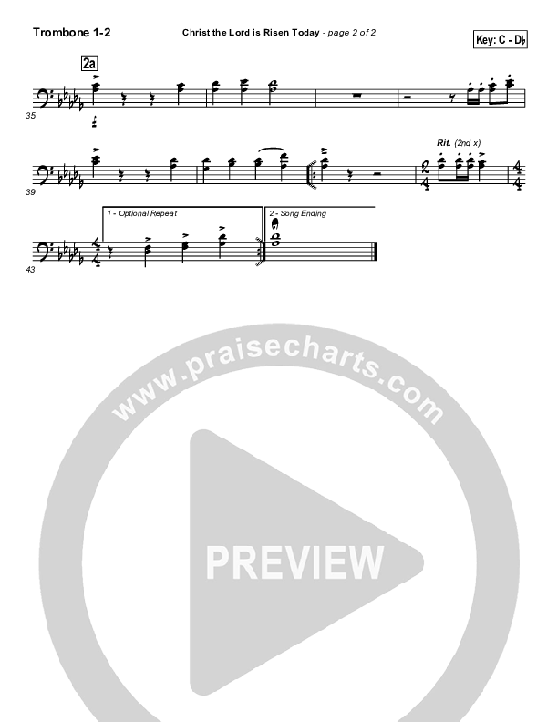 Christ The Lord Is Risen Today Trombone 1/2 (PraiseCharts / Traditional Hymn)