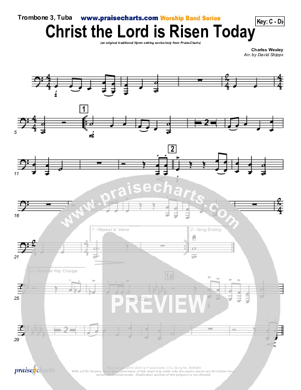 Christ The Lord Is Risen Today Trombone 3/Tuba (PraiseCharts / Traditional Hymn)