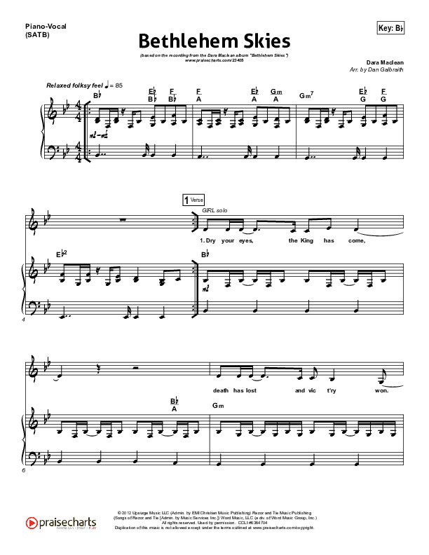Bethlehem Skies Piano/Vocal (SATB) (Dara Maclean)