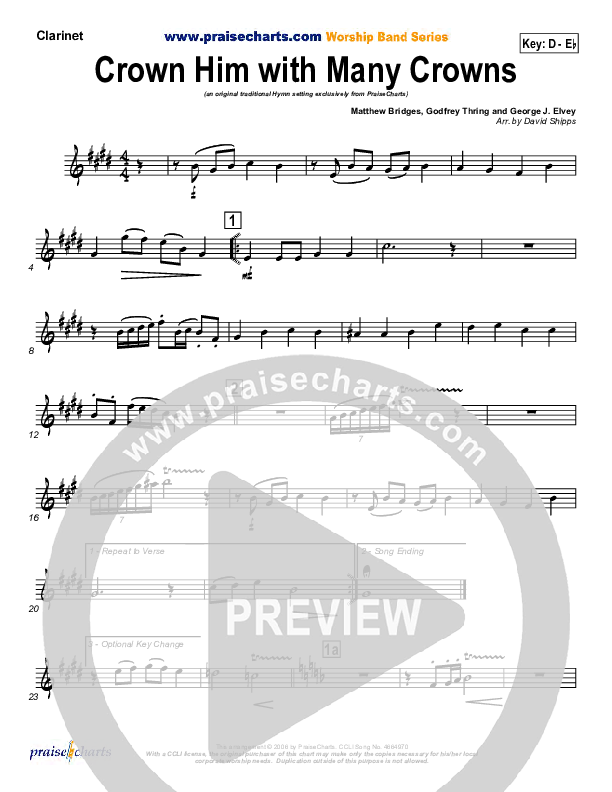 Crown Him With Many Crowns Clarinet (Traditional Hymn / PraiseCharts)