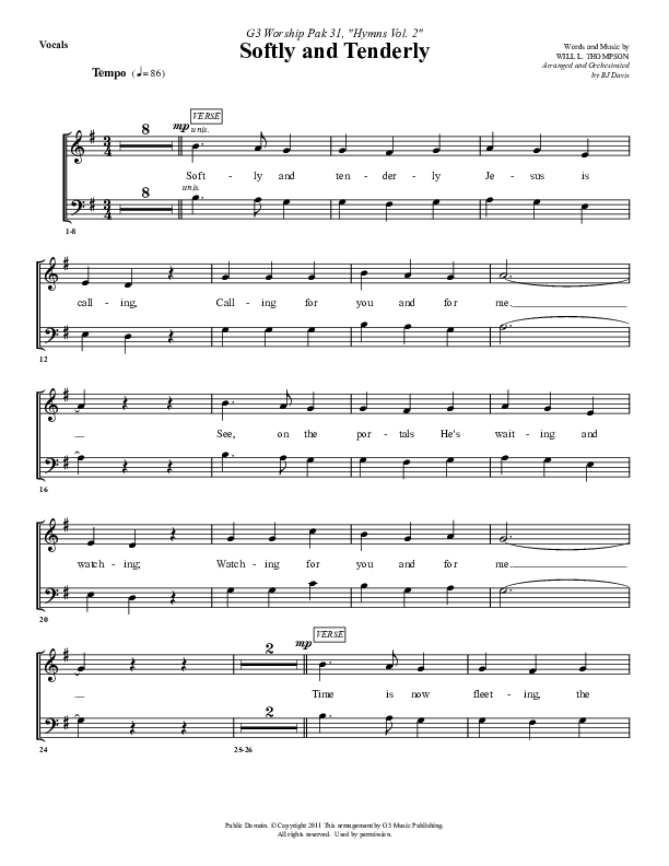 Softly And Tenderly Choir Sheet (G3 Worship)