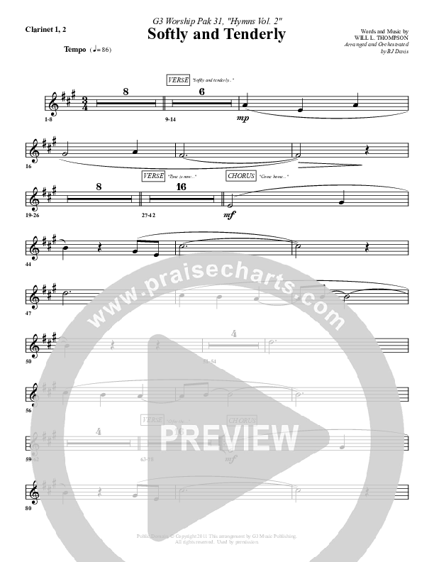 Softly And Tenderly Clarinet 1/2 (G3 Worship)