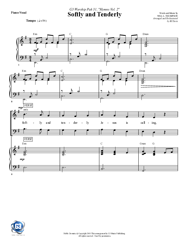 Softly And Tenderly Piano/Vocal (SATB) (G3 Worship)