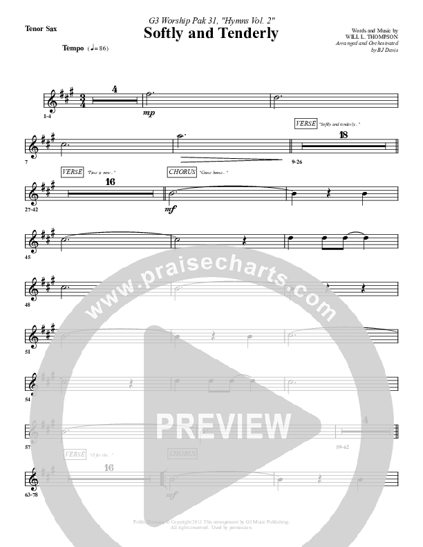 Softly And Tenderly Tenor Sax 2 (G3 Worship)