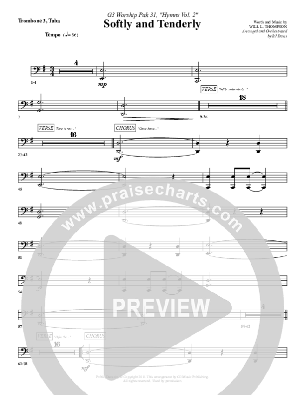 Softly And Tenderly Trombone 3/Tuba (G3 Worship)