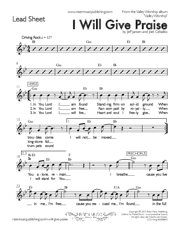 I Will Give Praise Lead Sheet (Valley Worship)
