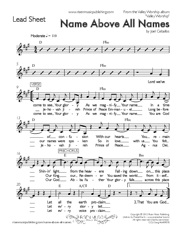 Name Above All Names Lead Sheet (Valley Worship)