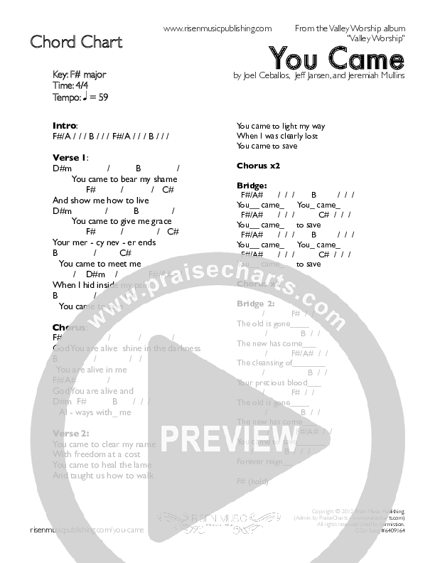 You Came Chord Chart (Valley Worship)