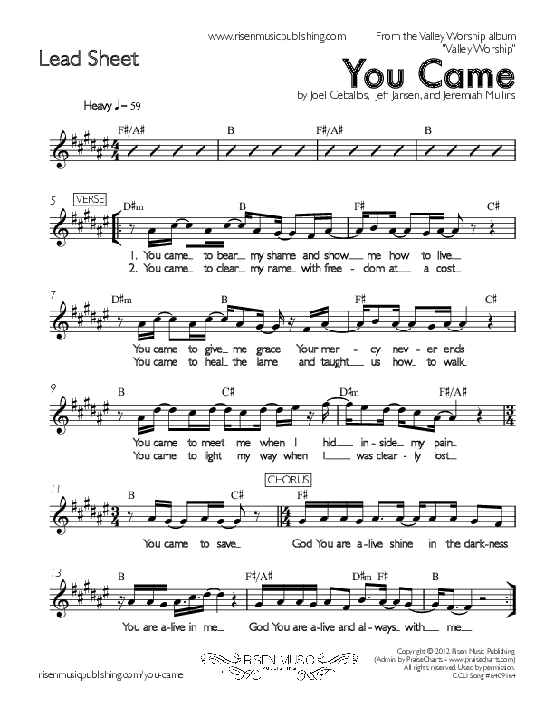 You Came Lead Sheet (Valley Worship)