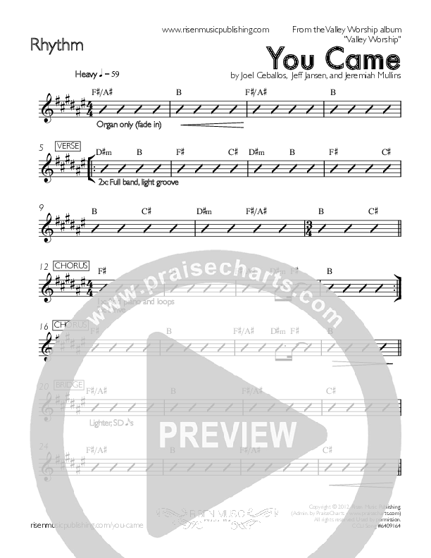 You Came Rhythm Chart (Valley Worship)