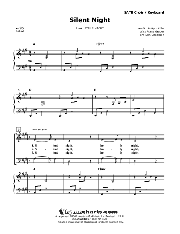 Silent Night Piano/Vocal (SATB) (Don Chapman)