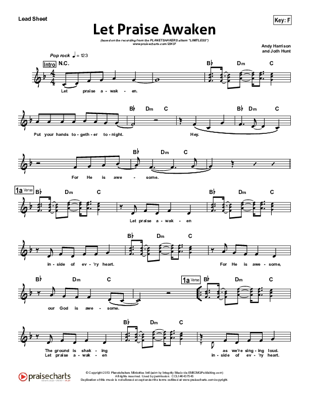 Let Praise Awaken Lead Sheet (Planetshakers)