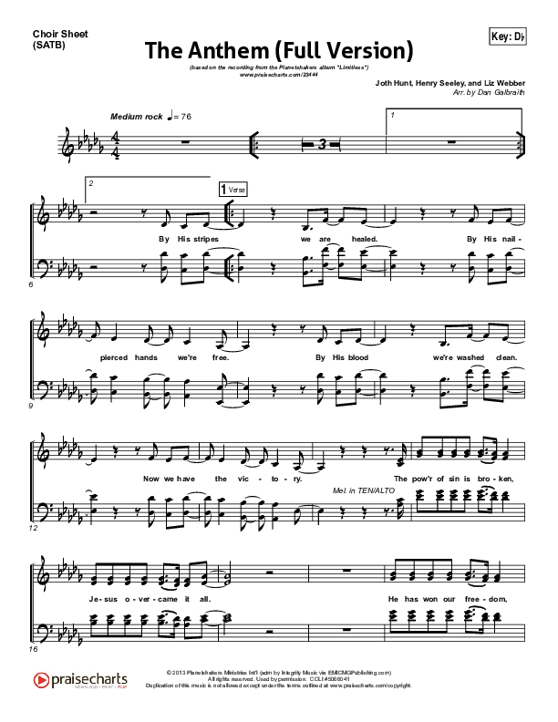The Anthem (Full Version) (Live) Choir Sheet (SATB) (Planetshakers)