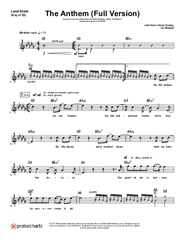 The Anthem (Full Version) (Live) Lead Sheet (Melody) (Planetshakers)