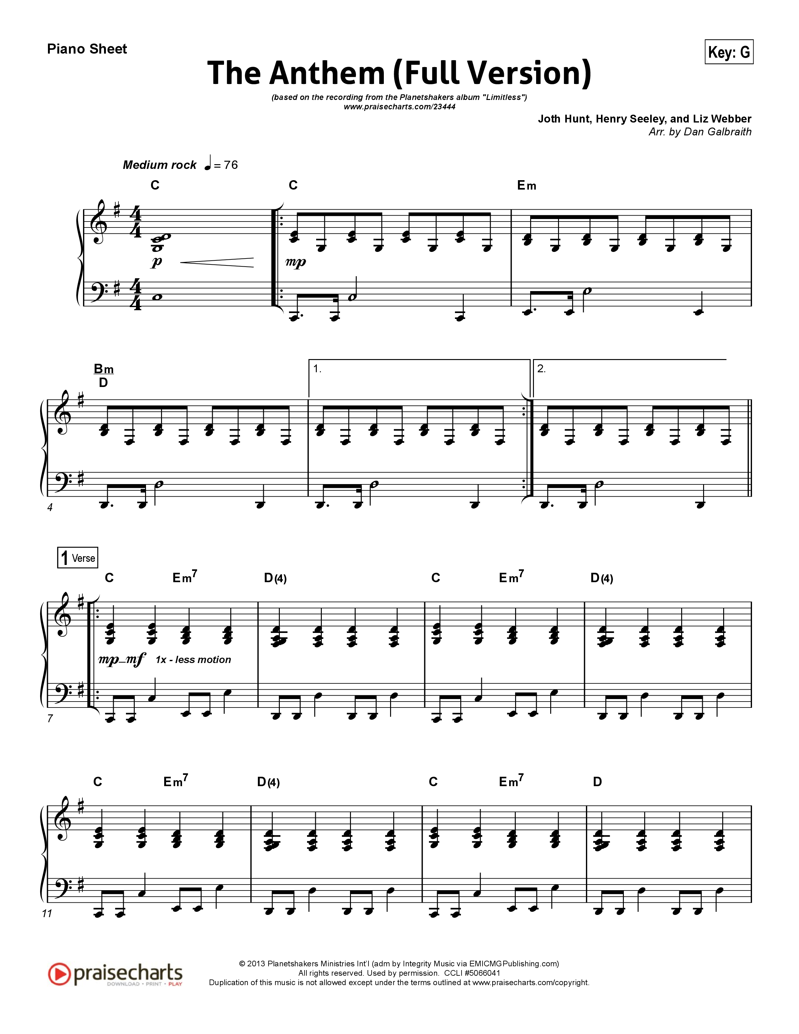 The Anthem (Full Version) (Live) Piano Sheet (Planetshakers)