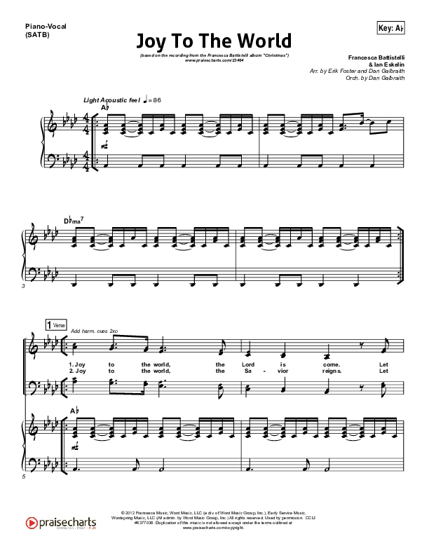 Joy To The World Piano/Vocal (SATB) (Francesca Battistelli)
