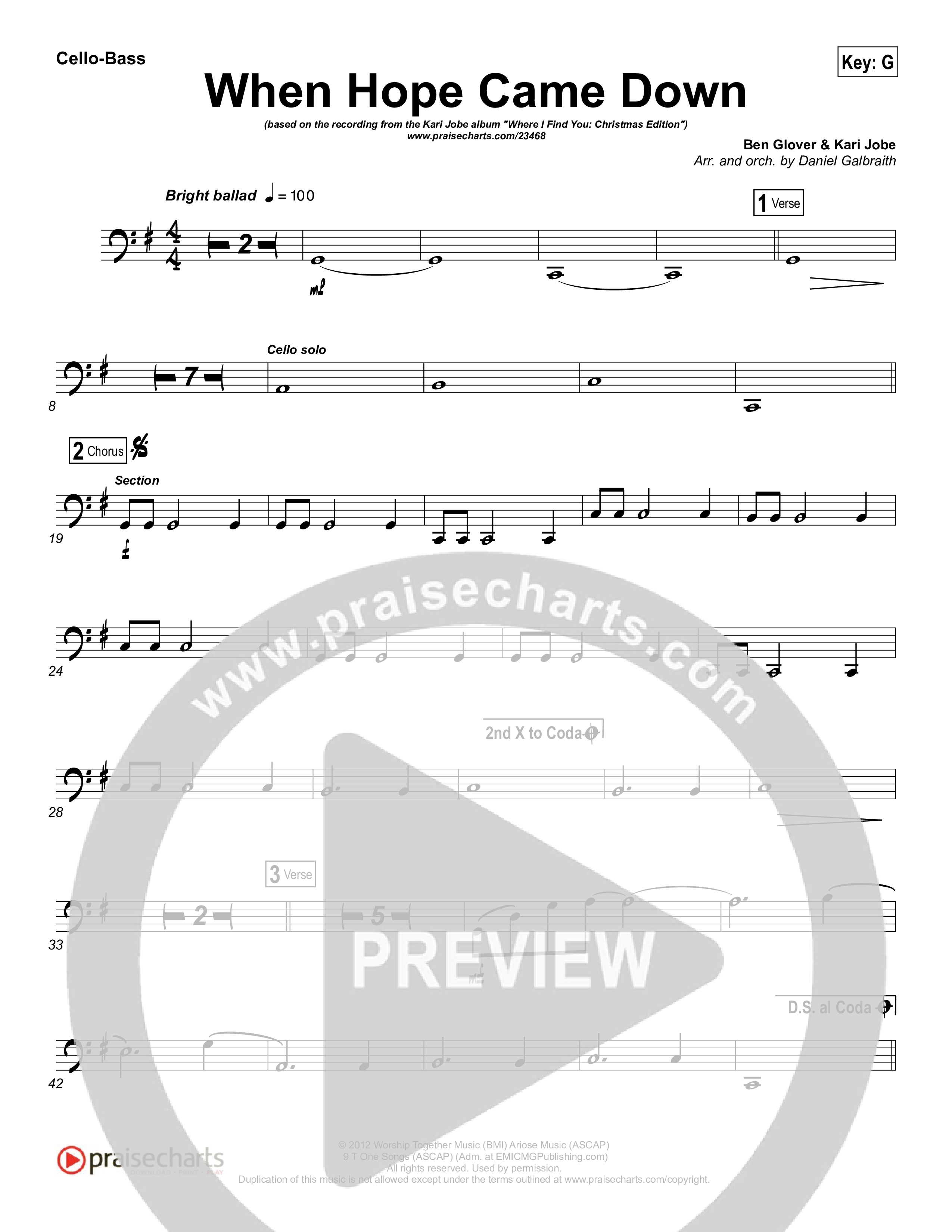 When Hope Came Down Cello/Bass (Kari Jobe)