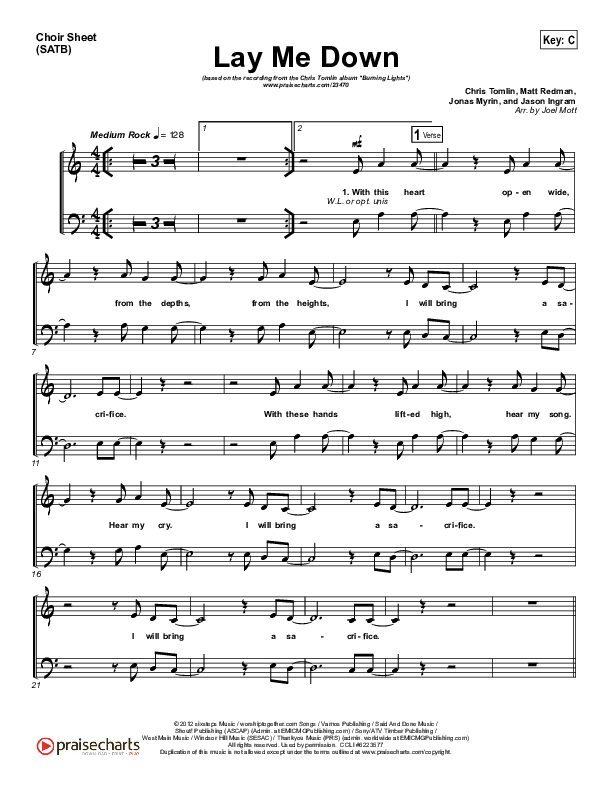 Lay Me Down Choir Sheet (SATB) (Chris Tomlin)