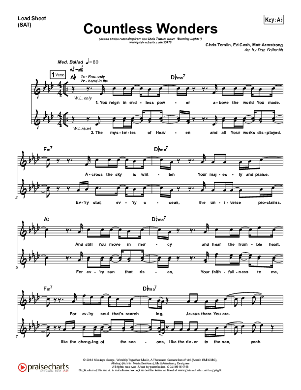 Countless Wonders Lead Sheet (SAT) (Chris Tomlin)